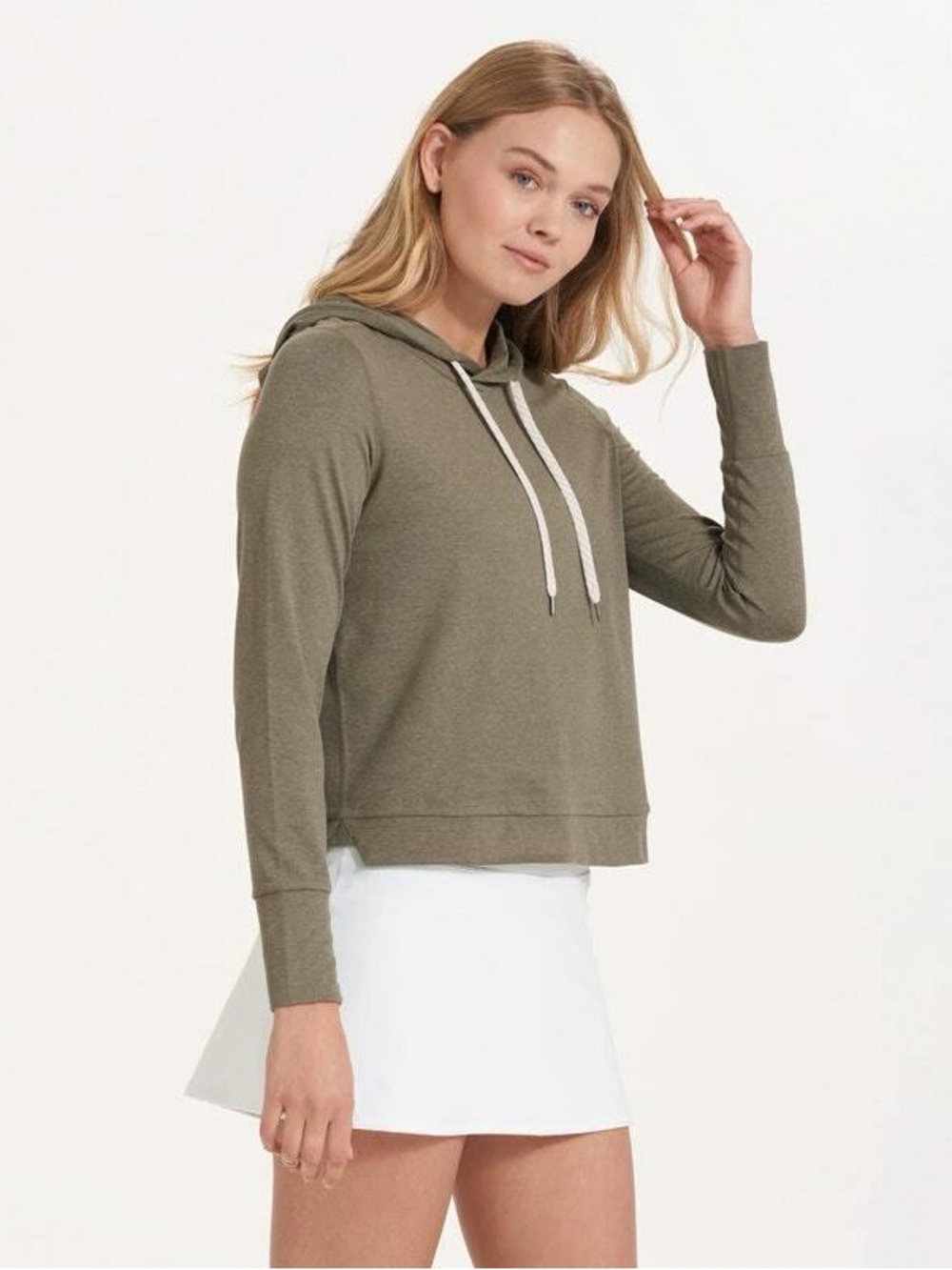 VUORI WOMEN'S HALO ESSENTIAL HOODIE in Light Oregano Heather Sz M Green
